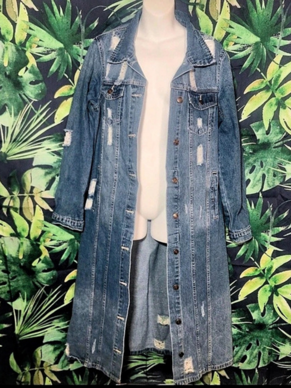 Pink Label Distressed Denim Duster Jacket Size Large